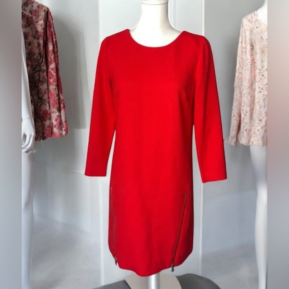 J CREW Double Zip Shift Dress Red Gold Zipper 3/4 Sleeve Sheath Sz 2 - Picture 1 of 9